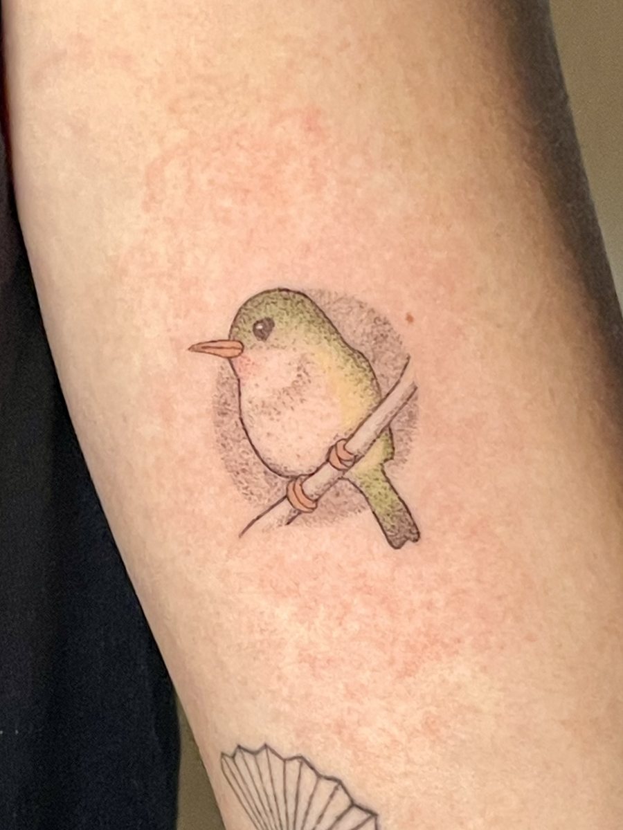 San Pedrito bird hand poke tattoo in soft green with stippled shading, Puerto Rico